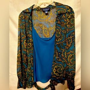 2 piece wrap around paisley blouse set. Teal, gold and black.
